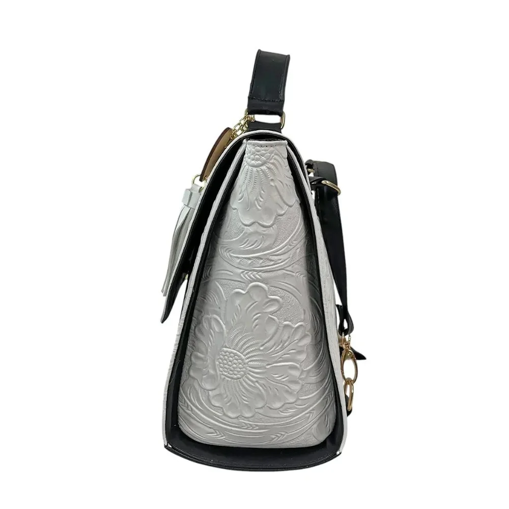 LEATHER Black & White BACKPACK Embossed Tooled Artisan Shoulder Bag Purse Hobo